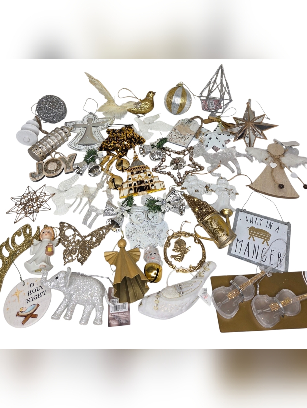 Holiday Gold & White Decorative Christmas Tree Ornament Collection Lot Bundle